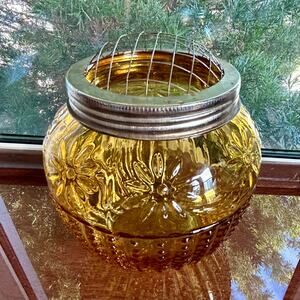 Vintage ASP Amber Glass Jar with Metal Flower Frog Lid, Mid Century